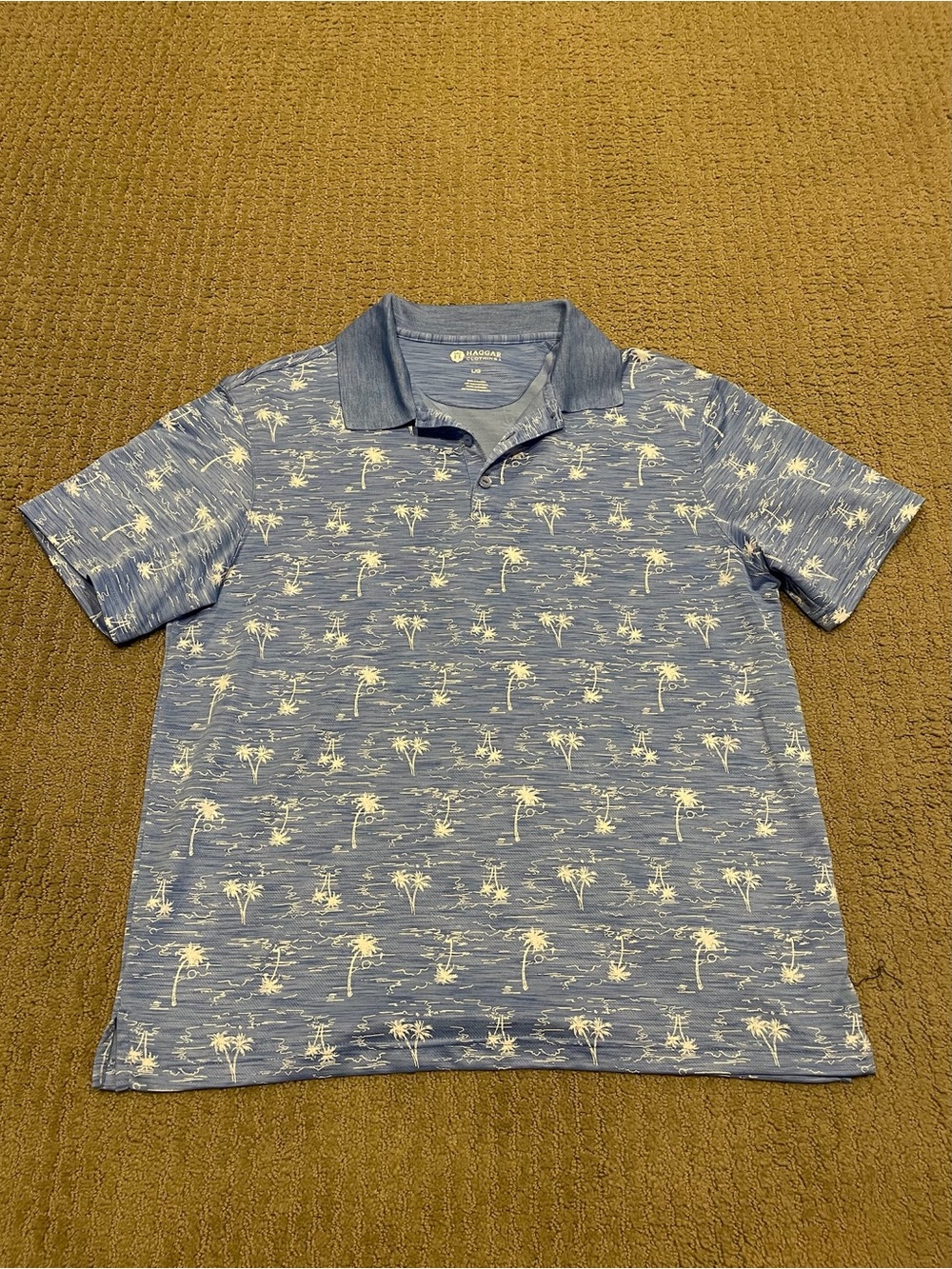 Haggar Blue Polo with White Palm-Tree Print